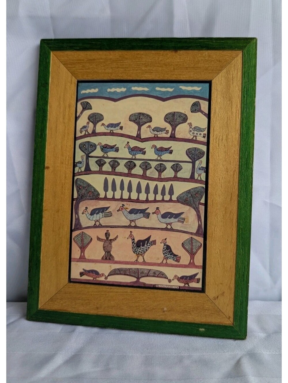 Vintage Hemed Handcrafted Folk Art Plaque with Birds and Trees in Wooden Frame